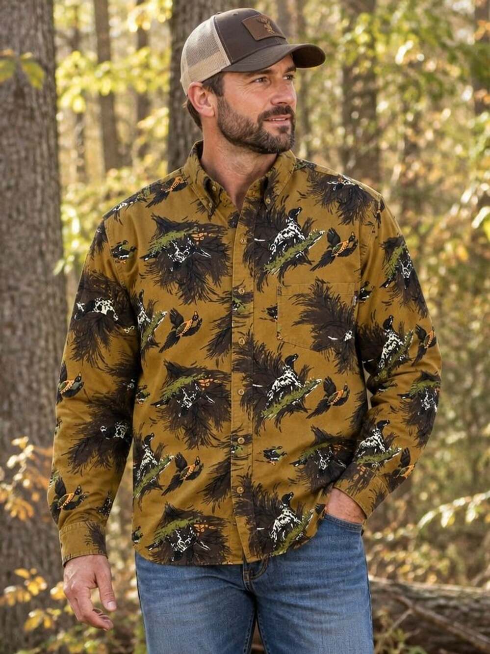 Woolrich Hunting Bird Dog Duck Print Button Down Shirt Mens Size L